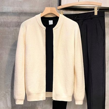 Double-zipper Design Cardigan Sweater for Men Simple Solid Color Knitwear